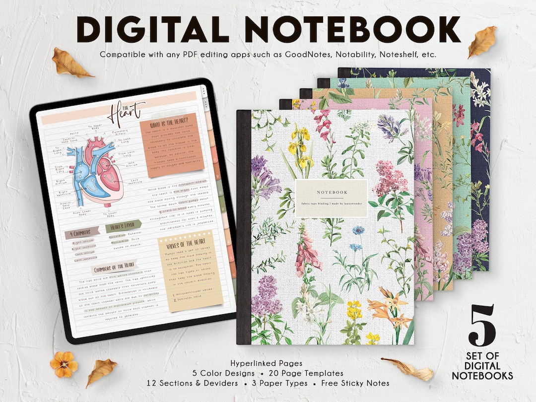 SET OF 5 Different Theme Digital Notebook (FLOWER) | 12 Hyperlinked ...