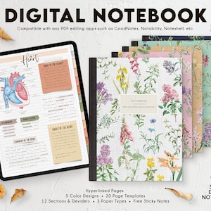May include: Set of five digital notebooks with floral designs. Each notebook has 20 pages, hyperlinked pages, 12 sections and dividers, and three paper types. The notebooks are compatible with PDF editing apps such as GoodNotes, Notability, and Noteshelf.