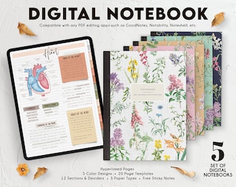 SET OF 5 Different Theme Digital Notebook (FLOWER) | 12 hyperlinked tabs | Goodnotes | Digital Notebook | iPad Note | Notability | Journal