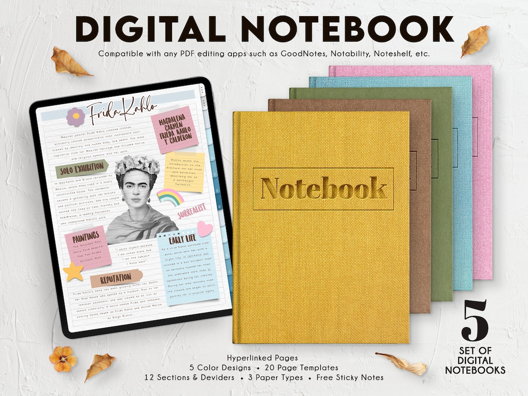 SET OF 5 Different Theme Digital Notebook (BASIC) | 12 Hyperlinked Tabs ...