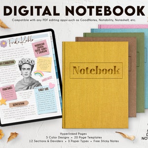 Puede incluir: Conjunto de cinco cuadernos digitales con cubiertas de diferentes colores. Las cubiertas tienen un aspecto de tejido texturizado. Los cuadernos son compatibles con aplicaciones de edición de PDF como GoodNotes, Notability y Noteshelf. Los cuadernos cuentan con páginas hipervinculadas, 20 plantillas de página, 12 secciones y divisores, 3 tipos de papel y notas adhesivas gratuitas.