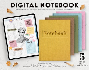 SET OF 5 Different Theme Digital Notebook (BASIC) | 12 hyperlinked tabs | Goodnotes | Digital Notebook | iPad Note | Notability | Journal