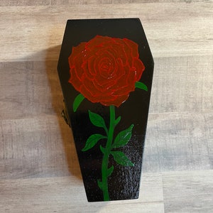 Hand painted rose coffin shaped wooden box | Jewelry box | Trinket storage | Witchy decor | Halloween decor | Spooky decor | Bookish Decor