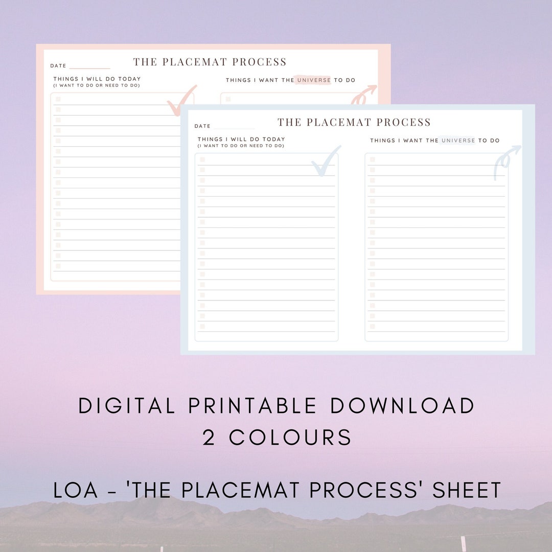 PRINTABLE Placemat Process Sheet, Attract Abundance, Raise Vibration, Abraham Hicks, Law of