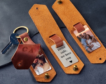 Drive safe keychain, grandfather keychain gift, leather photo keychain, Fathers day gift, birthday gift for him, custom photo keyring