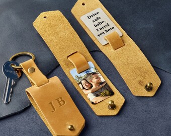 Father's day keepsake, custom gift for dad, leather accessory for man, personalized photo keychain, engraved photo keyring, gift for men
