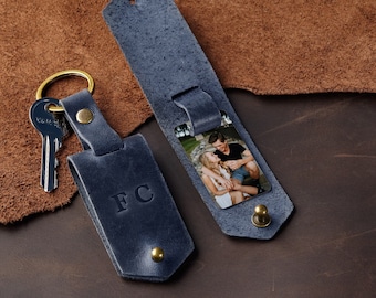 Mens accessory gift, leather photo keychain gift, mens Fathers day gift, custom photo keyring, anniversary mens gift idea, custom photo gift