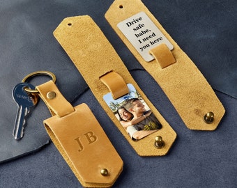 Drive safe photo keychain, leather photo key holder mens gift, mens Fathers day gift, custom photo keyring, anniversary men gift, photo gift