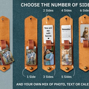 May include: A set of six leather bookmarks with different options for personalisation. Each bookmark has a metal clip and can be customised with a photo, text, or calendar. The options for the number of sides are 2, 4, or 6. The text on the bookmark reads "You are my safe haven".