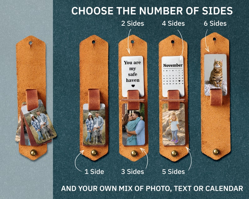 May include: A set of six leather bookmarks with different options for personalisation. Each bookmark has a metal clip and can be customised with a photo, text, or calendar. The options for the number of sides are 2, 4, or 6. The text on the bookmark reads "You are my safe haven".