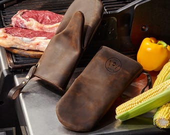 Father's Day gift for dad, grandpa, husband, grill master, leather grill gloves personalized, leather oven mitts with custom logo