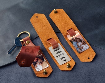 Drive safe keychain with monogram, photo keychain gift, leather accessory for men, photo keychain, custom gift for him, personalized keyring