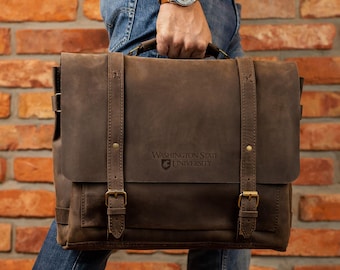 Engraved messenger bag with custom logo, custom briefcase, laptop shoulder bag, mens leather briefcase bag, leather laptop bag, gift for him