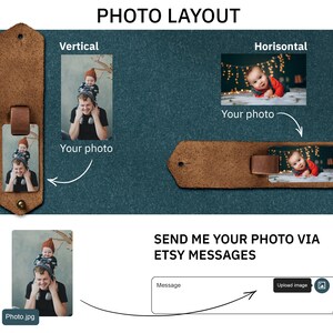 May include: A brown leather keychain with a photo insert. The keychain has a vertical and horizontal photo layout option. The image shows a photo of a child on a father's shoulders and a photo of a child lying on a blanket. The text "SEND ME YOUR PHOTO VIA ETSY MESSAGES" is displayed below the keychain.