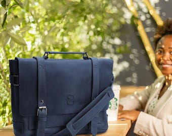 Custom Logo Leather Laptop Bag, Engraved Briefcase for Women - Make It Yours. Carry with Identity. Designed for MacBook.