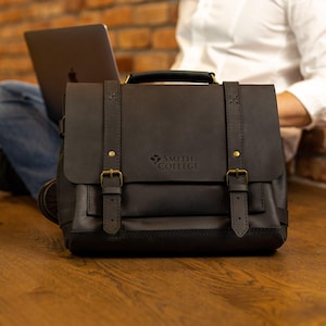 Mens leather briefcase bag, engraved messenger bag with custom logo, leather laptop bag, custom briefcase, laptop shoulder bag, gift for him