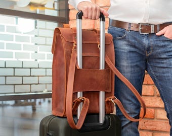 Leather Travel Backpack, Carry On Laptop Bag with Trolley Sleeve, MacBook 13"–16" Rucksack for Work or Commute