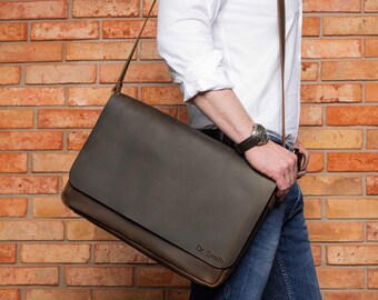 Husband anniversary gift, leather briefcase, laptop messenger bag, mens shoulder bag, mens leather bag, mens birthday gift from wife