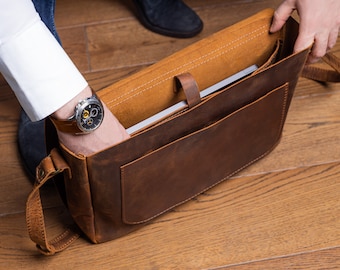 Business briefcase for men, leather messenger bag, leather work bag, laptop shoulder bag, office messenger bag, custom birthday gift for him