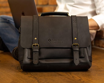 Mens leather briefcase bag, engraved messenger bag with custom logo, leather laptop bag, custom briefcase, laptop shoulder bag, gift for him