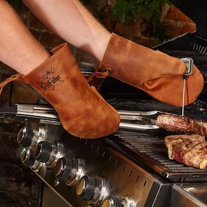 Leather Grill Mitts, Custom BBQ Gloves for Men, Smoker Grill Gift for Husband, Dad, Grandpa, Grill Master Oven Mitts