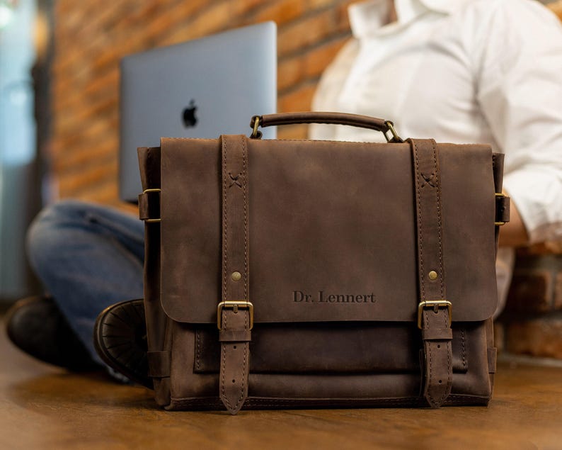 Mens gift, leather briefcase bag, engraved messenger bag, custom laptop briefcase, personalized mens satchel, custom mens gift image 1