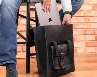 Leather Laptop Backpack with Custom Logo, Black Personalized MacBook Bag - Minimalist Design. Built for Daily Carry.
