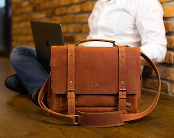 Engraved messenger bag, mens leather briefcase, gift for man, custom laptop briefcase, personalized mens satchel, anniversary gift
