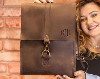 Personalized Leather Rucksack - Custom Laptop Backpack Gift for Her