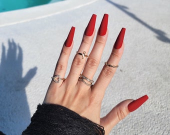 Matte Red Nails Etsy