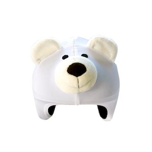 May include: White polar bear helmet with a plush face and black eyes. The helmet is designed for children and has a strap to secure it to the head.
