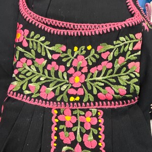 May include: Black garment with pink floral embroidery and green leaves. The embroidery features pink flowers with yellow centers. The neckline and edges are trimmed with pink stitching. The garment has a pleated design.