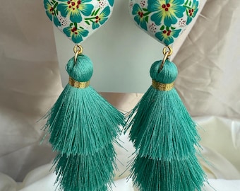Mexican Heart Tassel Earrings – Hand Painted Copal Wood Alebrije Earrings – Colorful Oaxaca Artisan Jewelry – Lightweight Statement Earrings
