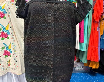 Handwoven Mitla Oaxaca Dress, Handmade Mexican Huipil, Black Cotton Artisan Dress, Silk Embroidered Yoke, Traditional Folk Clothing m /xxl