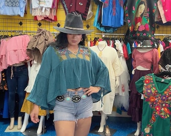 Butterfly Storytelling Embroidered Blouse | Hand Embroidered Mexican Blouse | Tzintzuntzan Michoacán Folk Art | Oversized Cotton Gauze Boho