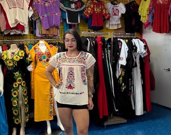 Mexican Embroidered Blouse Medium | Handmade Floral Huipil Top | Artisan Manta Cotton Blouse | Boho Mexican Clothing | Oaxaca Style