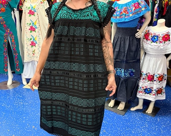 Handwoven Mitla Oaxaca Dress, Handmade Mexican Huipil, Black Cotton Artisan Dress, Silk Embroidered Yoke, Traditional Folk Clothing