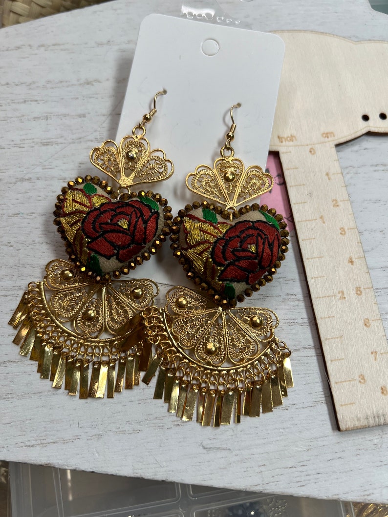 Embroidered Heart Earrings, Traditional Mexican Earrings, Filigree