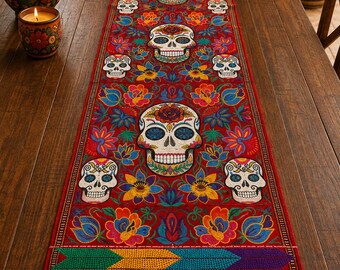 Mexican Day of the Dead Table Runner, Handwoven Chiapas Textile, Sugar Skull Table Decor, Día de Muertos Home Decor