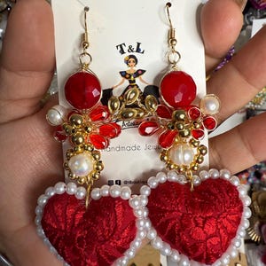 Embroidered Heart Earrings, Traditional Mexican Earrings, Filigree Earrings, Mexican Crafts, Hand-embroidered Earrings Mexican earrings