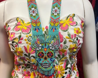 Beaded necklace, Huichol artisan necklace, artisan necklace, Wixarika necklace, Mexican Huichol art Day of the Dead, skulls