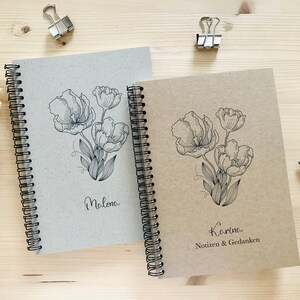 Notizbuch personalisiert mit Namen Ringbindung Spiralblock A4 A5 A6 blanko Kraftpapier Tulpen Bild 1