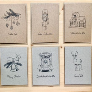 6er Weihnachtskarten Set Klappkarten Kraftpapier Vintagelook Line Art | mit Briefumschlägen | Weihnachtsklassiker | Nostalgie