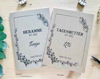 Notizbuch personalisiert | Geschenk für Hebamme | Tagesmutter | Abschiedsgeschenk | blanko | A5 | Kraftpapier | Blumenrahmen