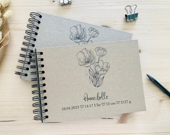 Geschenk zur Geburt | Fotoalbum personalisiert | Geschenk Baby | Geschenk Neugeborenes Taufe mit Namen und Datum | Tulpen