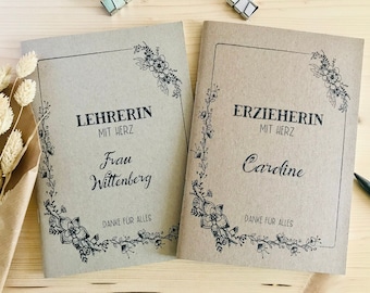 Libreta personalizada | Regalo para maestra de preescolar | Maestro/a | Regalo de despedida | En blanco | A5 | Papel kraft | Marco floral | Estilo vintage