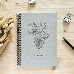 Notizbuch personalisiert mit Namen Ringbindung Spiralblock A4 A5 A6 blanko Kraftpapier Tulpen Grau