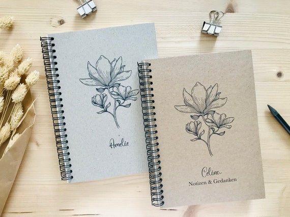 Notizbuch personalisiert mit Namen Ringbindung Spiralblock A4 A5 A6 blanko | Kraftpapier | Magnolie