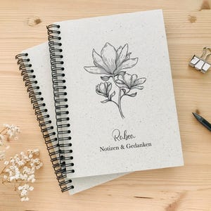 May include: Two spiral-bound notebooks with a floral illustration and the name "Rabea" and the text "Notizen & Gedanken". The notebooks are on a light wood surface, with a pencil and a binder clip.