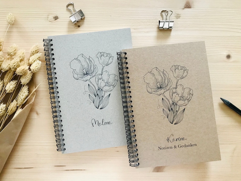 Notizbuch personalisiert mit Namen Ringbindung Spiralblock A4 A5 A6 blanko Kraftpapier Tulpen Bild 1